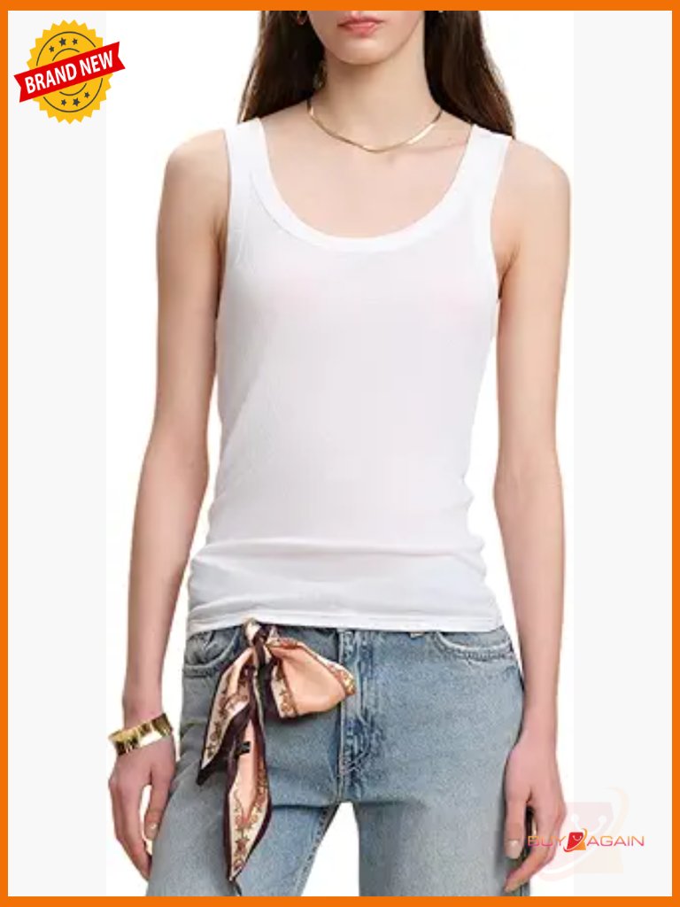 Pure Mulberry Silk Ribbed Tank Top Sleeveless Crew Neck Slim Fit Stretchy